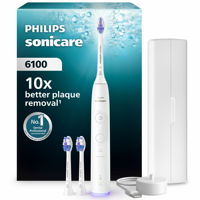 Philips Sonicare 6100 elektrische Zahnbürste, Schallzahnbürste mit 2 Putzmodi, 3 Intensitätsstufen, Andruckkontrolle, EasyStart, SmarTimer, Reiseetui, Weiß, Modell HX7400/02 [Neue Technologie] Angebot bei HelloDeals