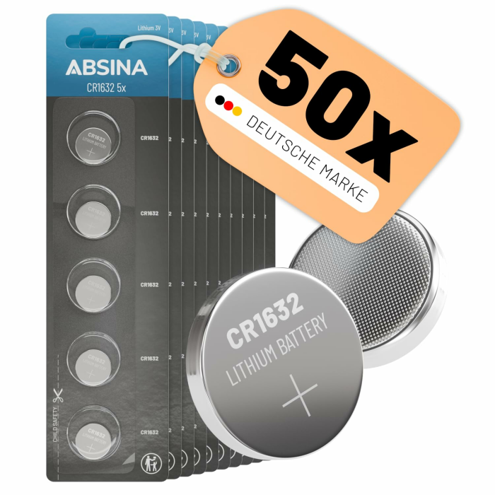 ABSINA CR1632 3V Lithium Knopfzelle 10x 5er Pack - Batterien CR 1632 auslaufsicher & Lange Haltbarkeit - 1632 Knopfzelle für Autoschlüssel, Uhr UVM - Batterie 1632 Knopfzelle, Batterie CR 1632 50er Pack Angebot bei HelloDeals