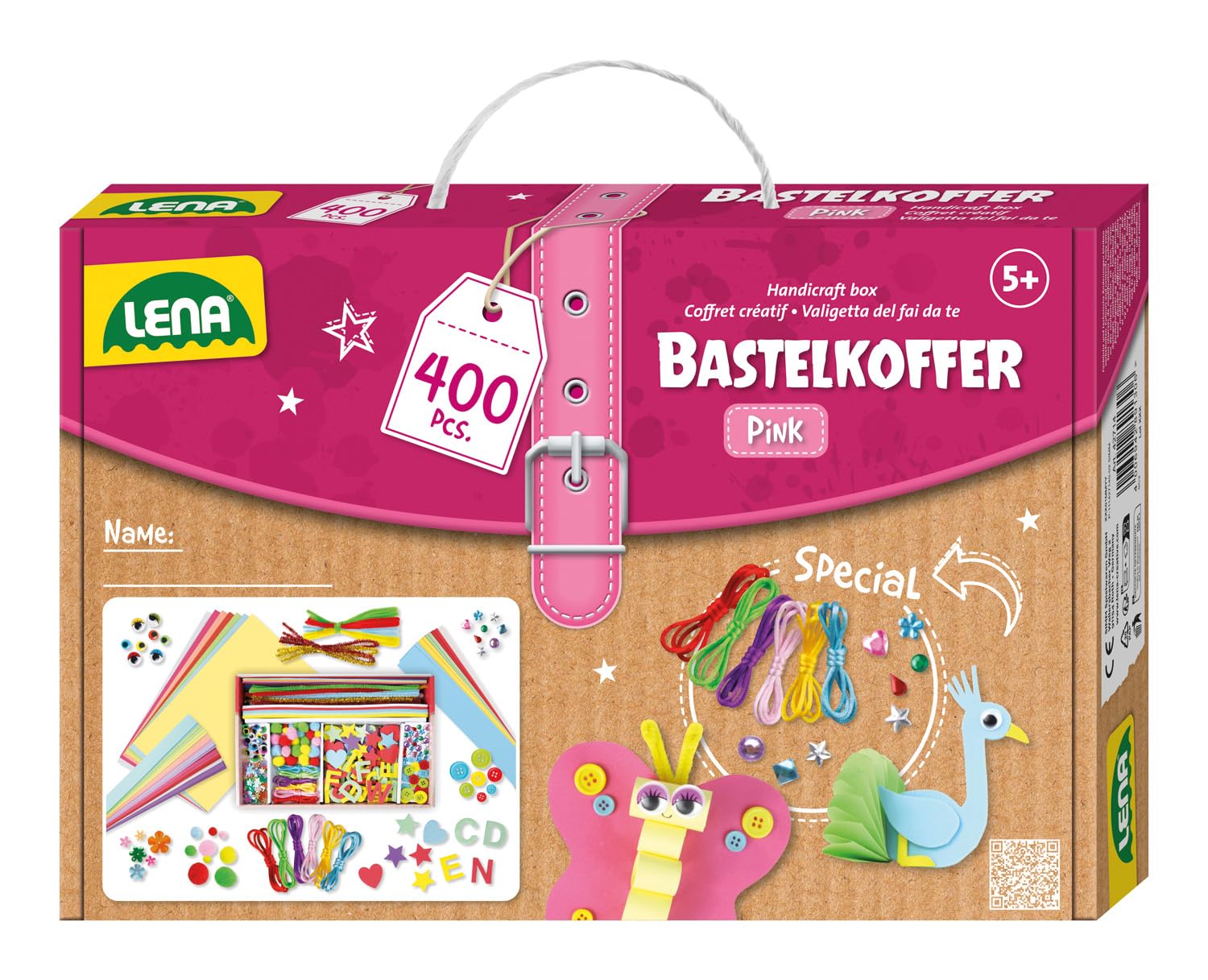 Lena Bastelkoffer mit 400 Teilen, Bastelset bestehend aus Papier, Moosgummi, Pfeifenreiniger, Strasssteine, Wackelaugen, Pompons und Knöpfe, Pink & Lila, geeignet für Kinder ab 5 Jahren Pink - 400 Teile Angebot bei HelloDeals