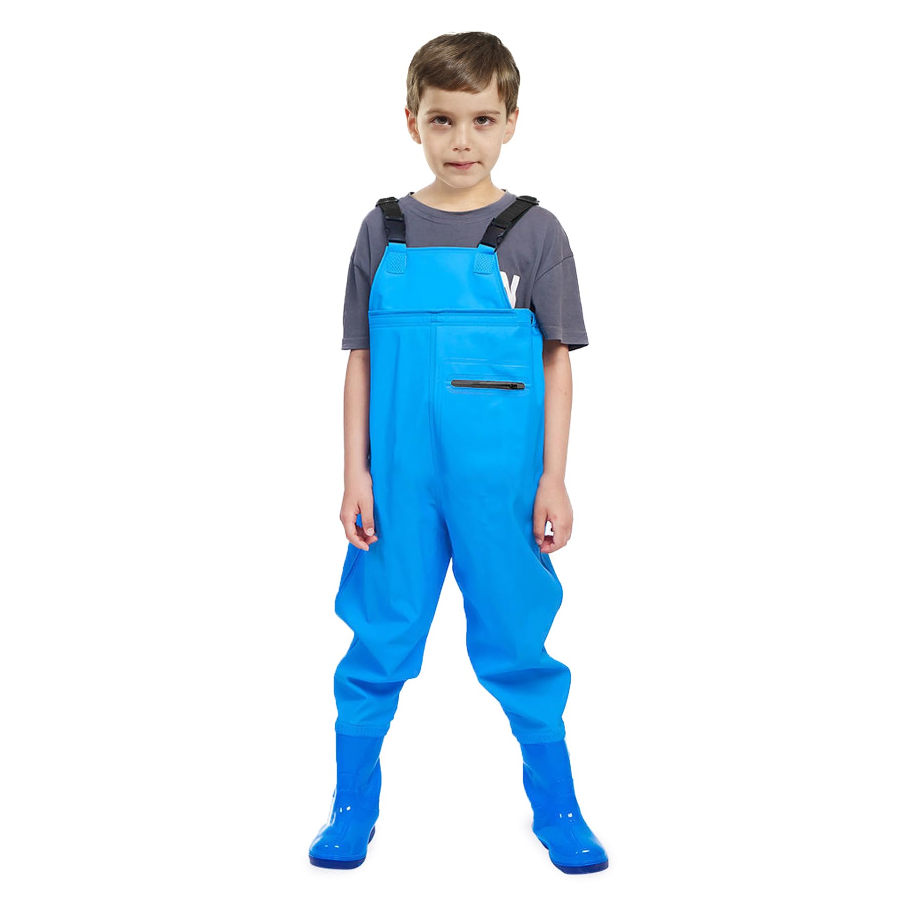 VicBre Kinder-Wathose für Jungen und Mädchen, Reißverschlusstasche,Verstellbare Träger,Rückenschnalle Design,wasserdichte Regenhose mit Stiefeln, Wathose für Jugendliche 33 Blau Angebot bei HelloDeals