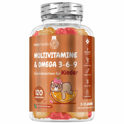 Multivitamin Gummibärchen für Kinder - Mit Omega 3 6 9, Vitamin C - 120 Multivitamin Kinder Gummies - Vitamin D3, B7, B12, E, B1, B2, B3, B5, B9 Jod, Zink - Mit Himbeer & Orangengeschmack - maxmedix Angebot bei HelloDeals