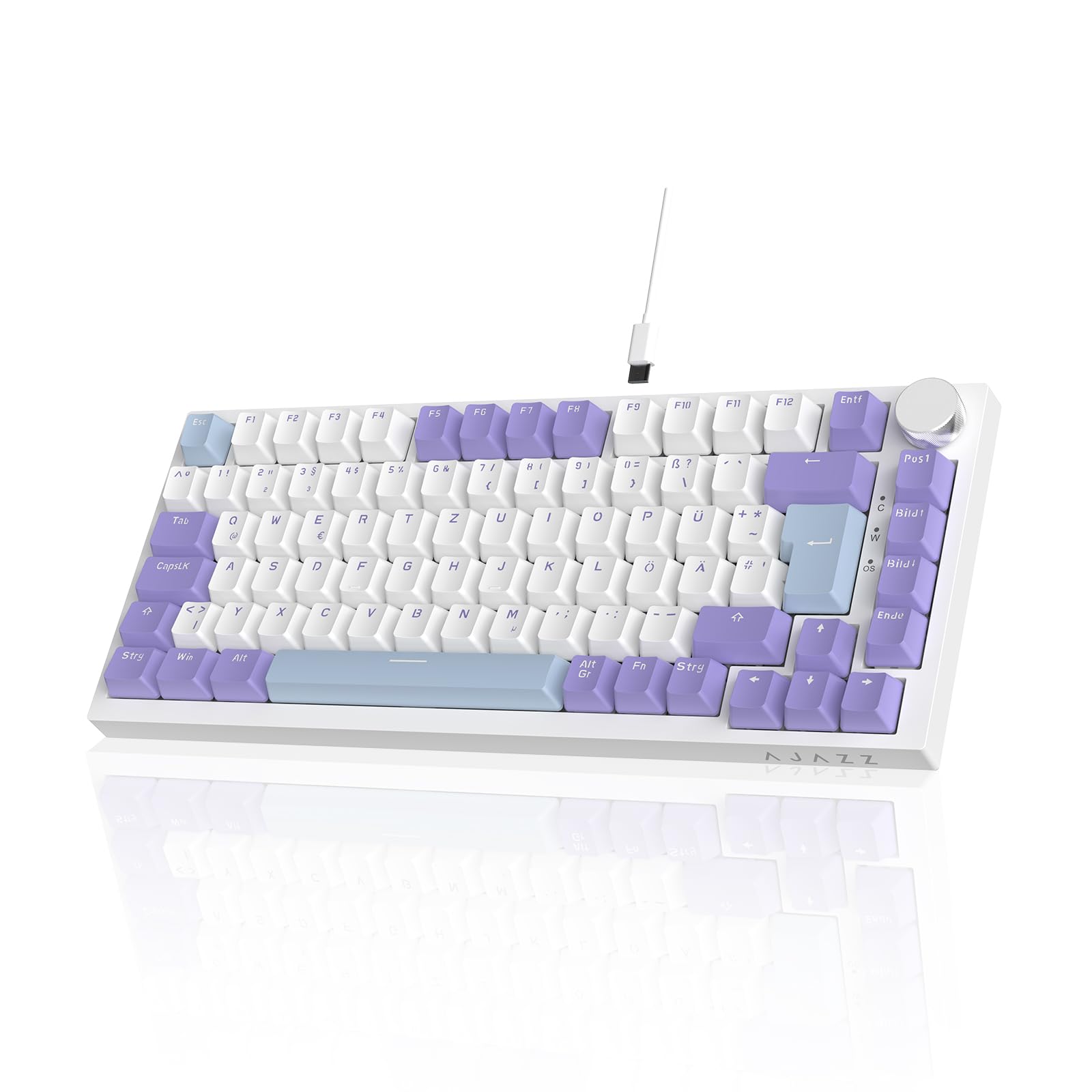 AJAZZ AK820 Wired Mechanical Keyboard, 75% Gaming Keyboard with Volume Control Knob, German QWERTZ Layout, 82 Keys, Five-Layer Sound Insulation Pad, RGB Backlight, Full-Key Hot Swap, Blue White Purple QWERTZ Purple Angebot bei HelloDeals