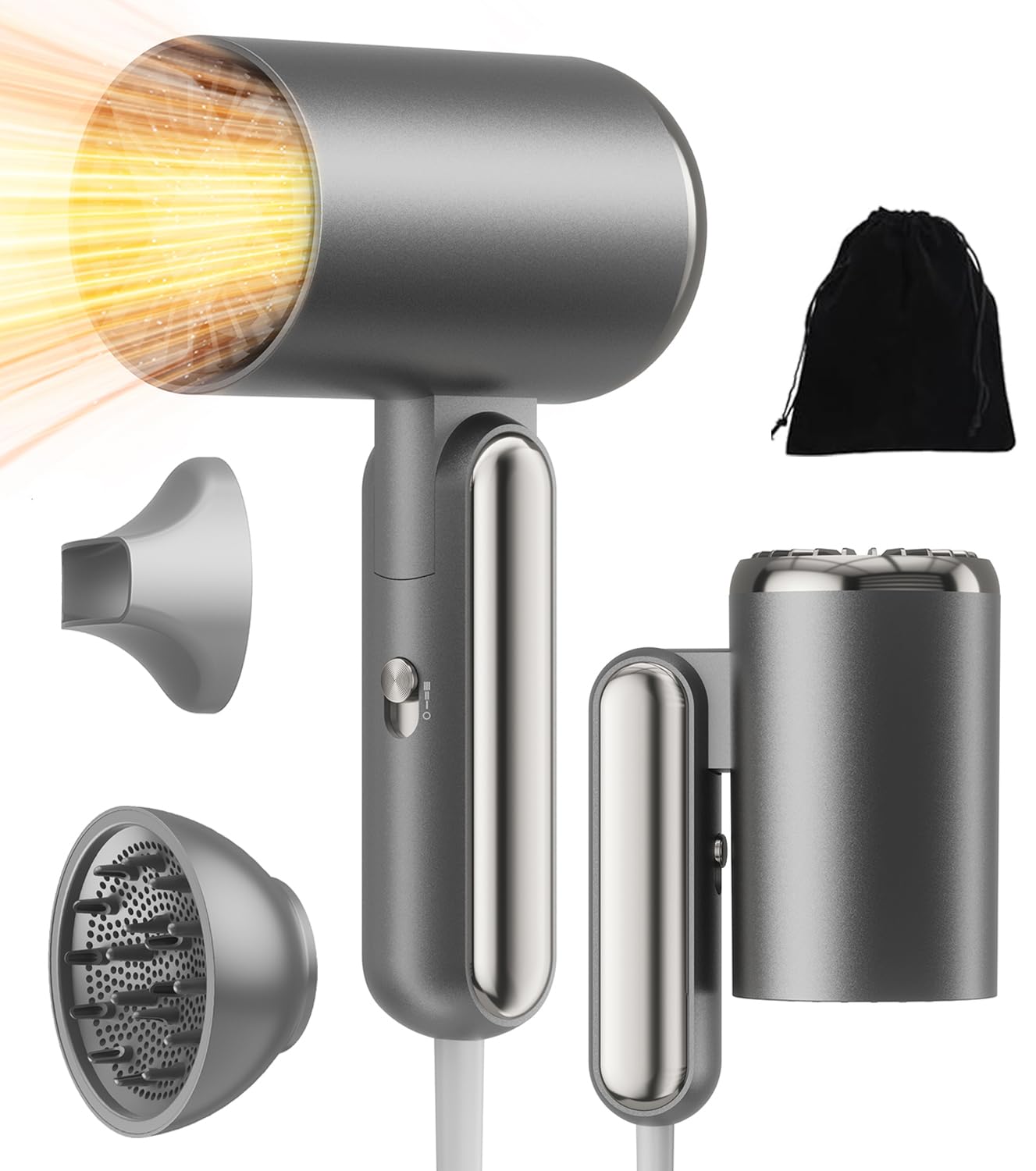 Haartrockner mit Diffusor,1800w Ionen klappbar Föhn,3 Heizstufen, Klappbar Reiseföhn für Frauen & Männer, Mit Düse & Storage-Beutel,Schnelltrocknend, Leicht,Geschenk für Frauen & Männer, Glättbürste Grau Angebot bei HelloDeals
