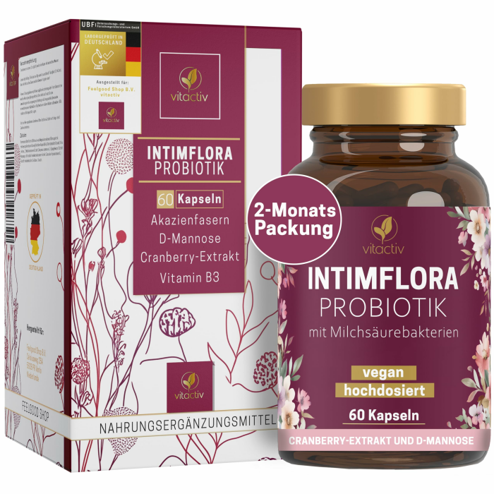 Vitactiv INTIMFLORA PROBIOTIK Milchsäurebakterien - 60 Probiotika Kapseln für Frauen - 6 Stämme, 130 Mrd. KbE/g, Akazienfasern Präbiotika - D-Mannose, Cranberry, Vitamin B3 60 Stück (1er Pack) Angebot bei HelloDeals