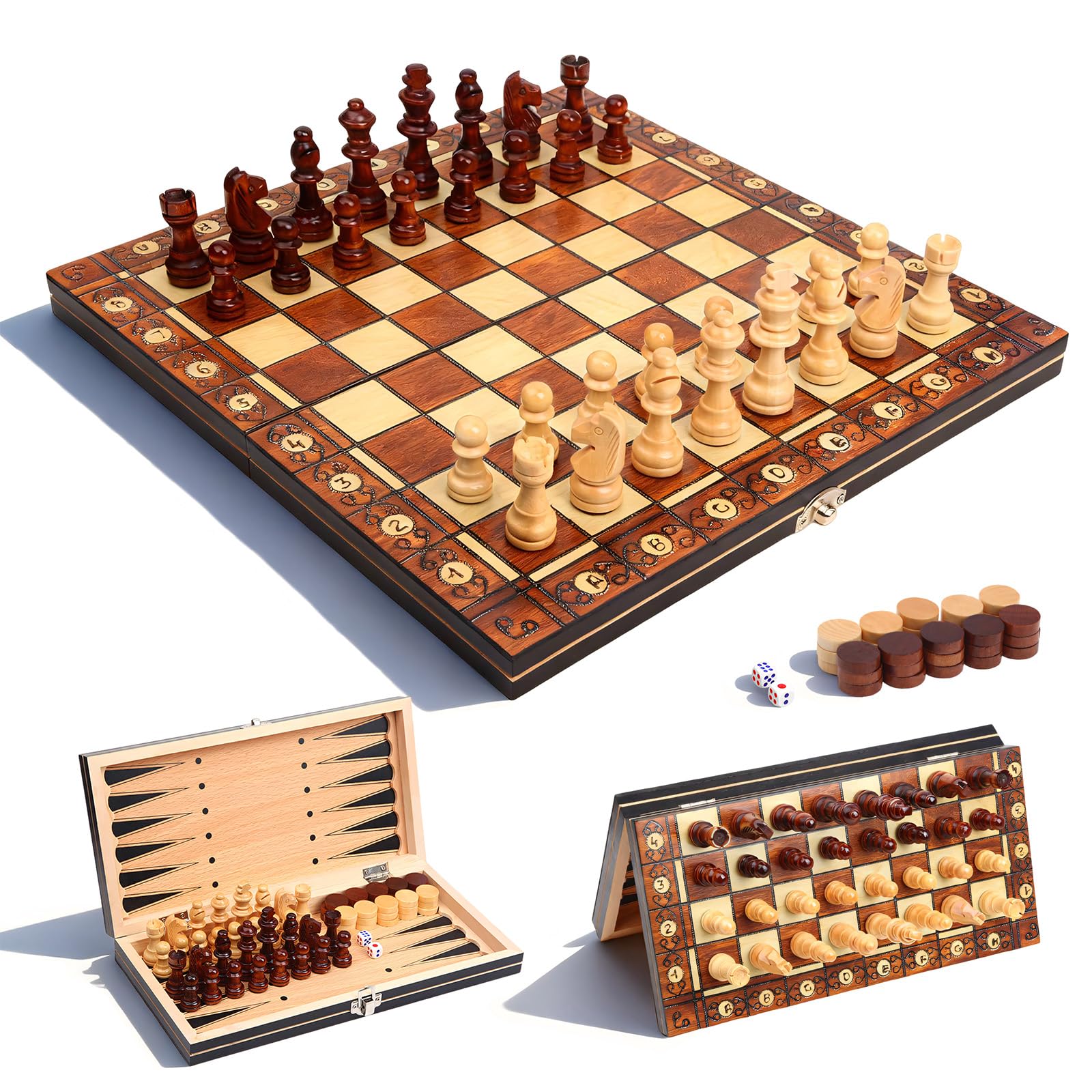 Schachspiel Holz Magnetisch | 3-in-1 Set mit Dame & Backgammon | Schachbrett Holz für Anfänger & Reise | Schachspiel Kinder Klappbar - Ideales Schach Geschenk für Erwachsene & Familie Angebot bei HelloDeals