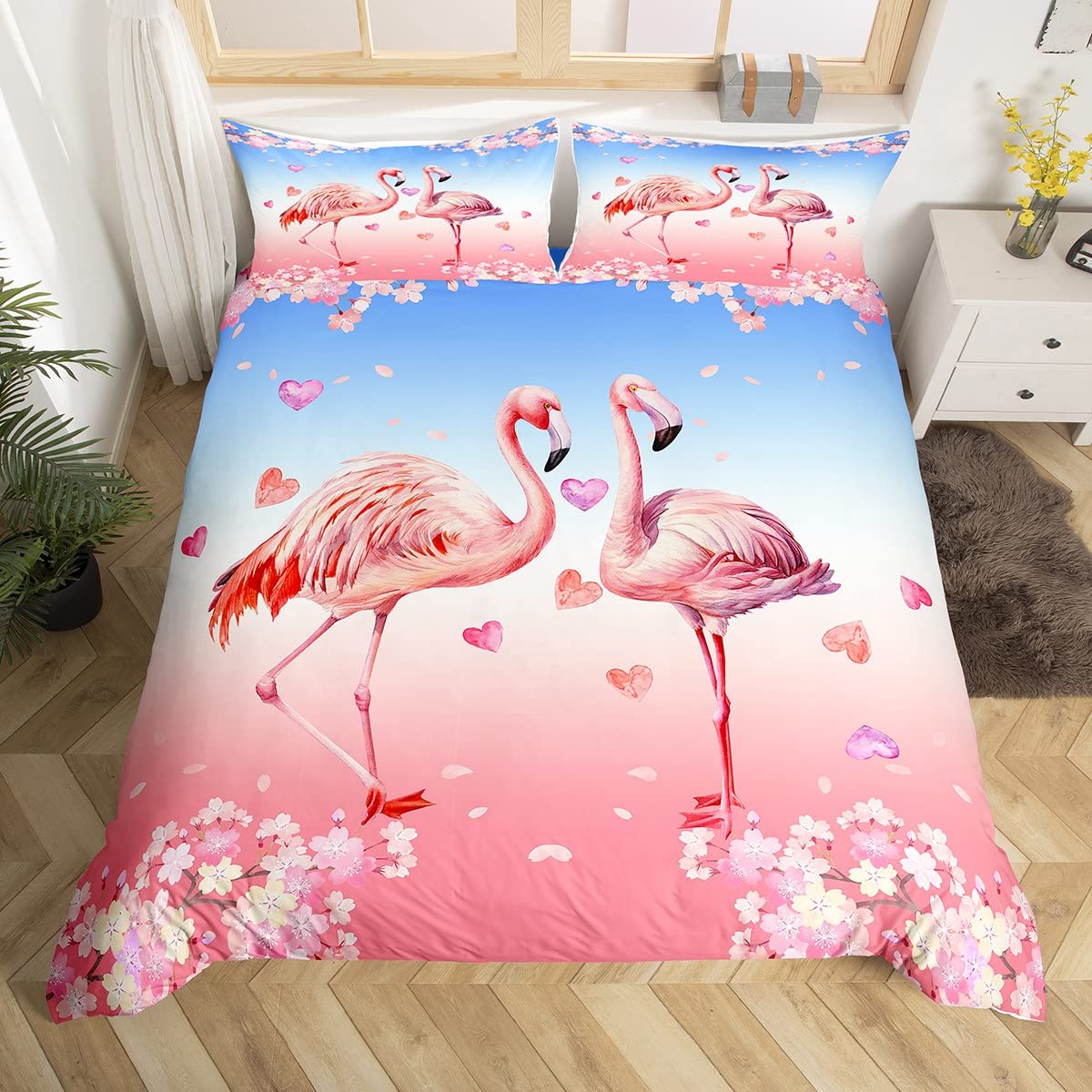 Homewish Rosa Flamingo Bettwäsche Set für Mädchen Flamingo Bettbezug 135x200, Rosa Kirschblüte Bettbezug für Frauen Romantische Thema Bettwäsche, Niedliche Tier Flamingo Dekor Bettbezug Multi 1 135*200+80*80*1 Angebot bei HelloDeals