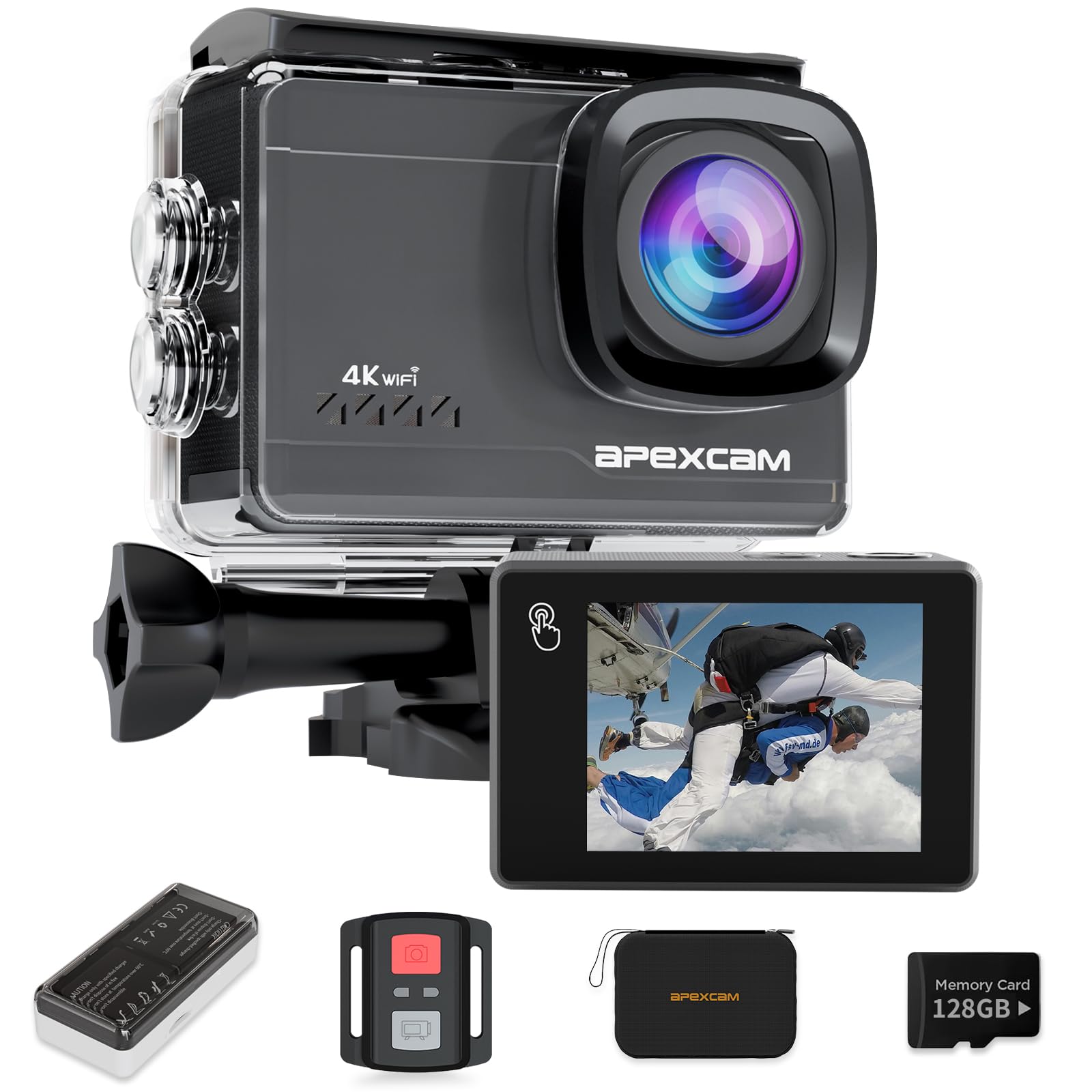 Apexcam M90 mit 128G Karte Action Cam 4K60FPS 64MP WLAN EIS Bildstabilisierung Sportkamera mit Touchscreeen Unterwasserkamera 40m Wasserdicht 8X Zoom 2.4G Fernbedienung 2x1350mAh Akkus mit Zubehör-Set M90 mit 128GB Karte Angebot bei HelloDeals