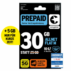 congstar Prepaid ALLNET M SIM-Karte ohne Vertrag I Prepaid-Paket in D-Netz-Qualität I 25 GB +10€ Startguthaben I Telefonie & SMS Flat in alle dt. Netze I EU-Roaming inkl. Allnet (M Tier) Angebot bei HelloDeals