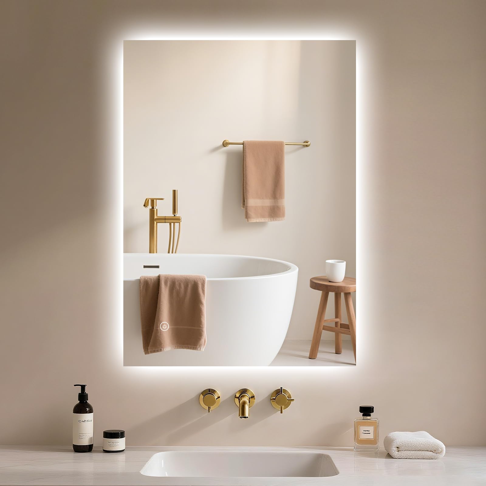 Badspiegel-mit-Beleuchtung 40x60cm - Badezimmerspiegel LED Badezimmer Spiegel mit Beleuchtung, Touch-Schalter, Dimmbar, 3 Lichtfarben, Wandspiegel Led-Spiegel-Bad Horizontal/Vertikal 3 Lichtfarben 40L x 60B cm Angebot bei HelloDeals