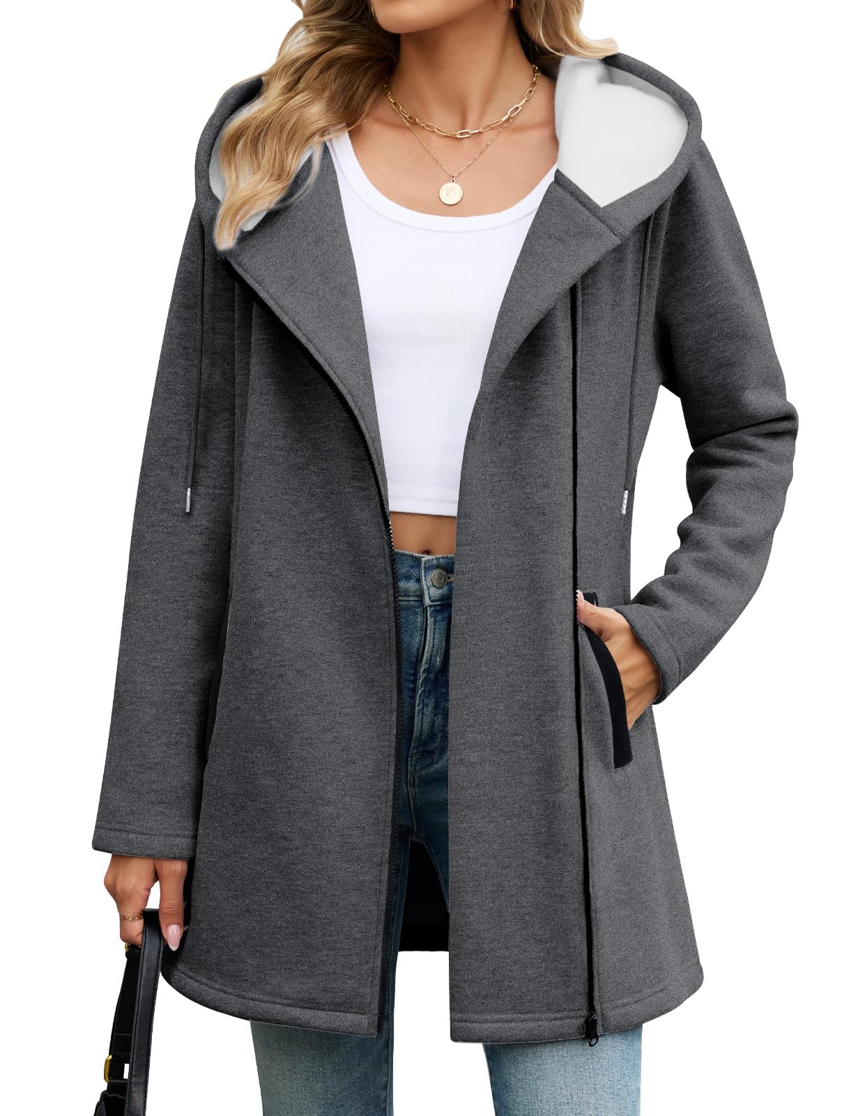 Vancavoo Fleecejacke Damen Sweatjacke mit Kapuze Übergangsjacke Hoodie Jacke Elegant Kapuzenpullover Frühling Herbst Lang Kapuzenjacke mit Taschen Dunkelgrau XL Angebot bei HelloDeals