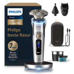 Philips Rasierer i9000 Prestige Ultra für Herren, Nass- und Trockenrasur, chrom, Druck- und Bewegungssensor, 5+1 Bartstyler, Nasenhaartrimmer, Reinigungsstation, Ladestation und Reiseetui (XP9404/38) [Neu] i9000 Prestige Ultra, Reiseetui, Ladestation, Bar Angebot bei HelloDeals
