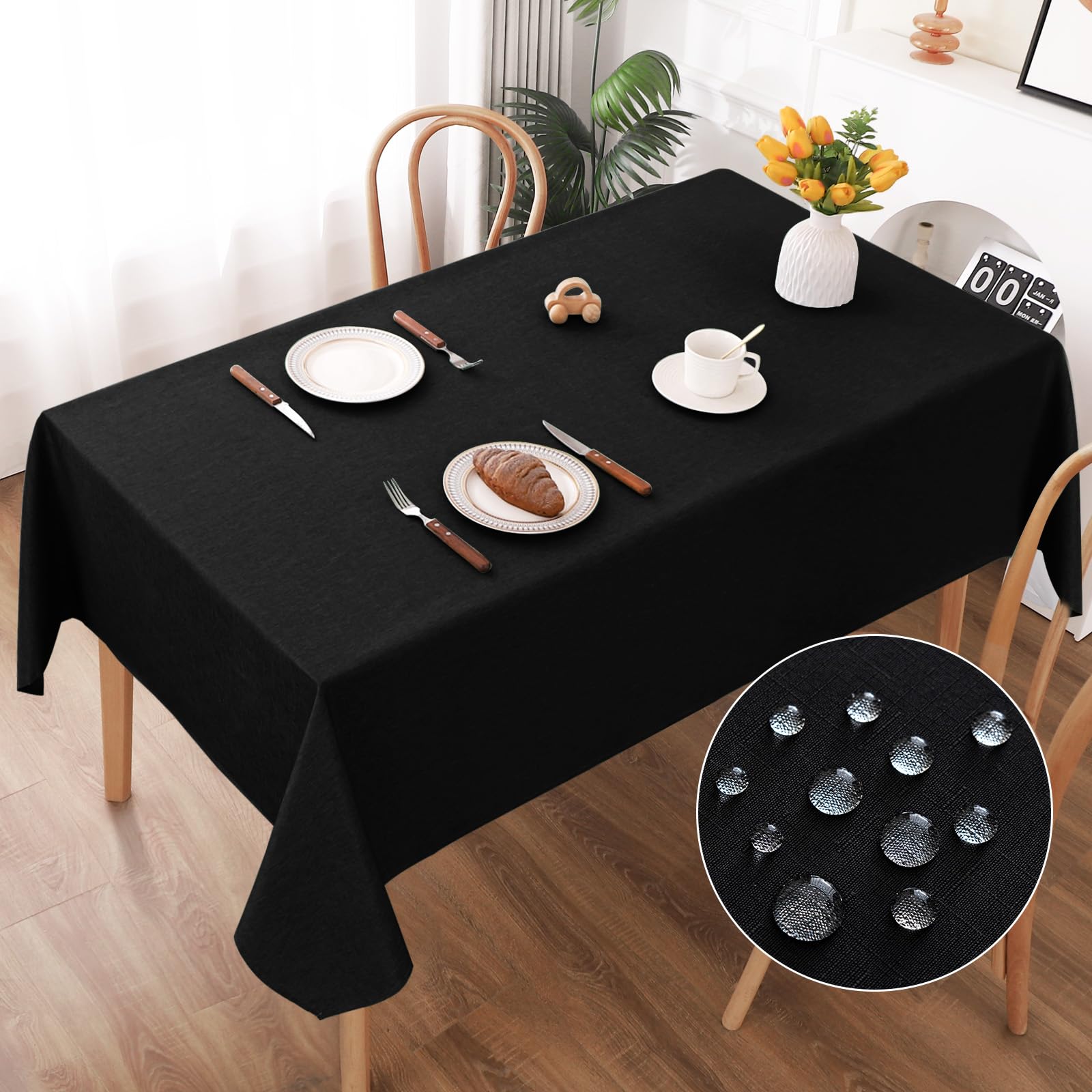 AooHome Tischdecke Abwaschbar, Schwarz Tischdecken 140x200cm Leinen-Optik Tischtuch aus Polyester Wasserabweisend mit Lotuseffekt, Dauerhaft Kratzfest für Wohnzimmer, Esszimmer, Balkon, Garten Schwarz 200 x 140 cm (Rechteckig) Angebot bei HelloDeals
