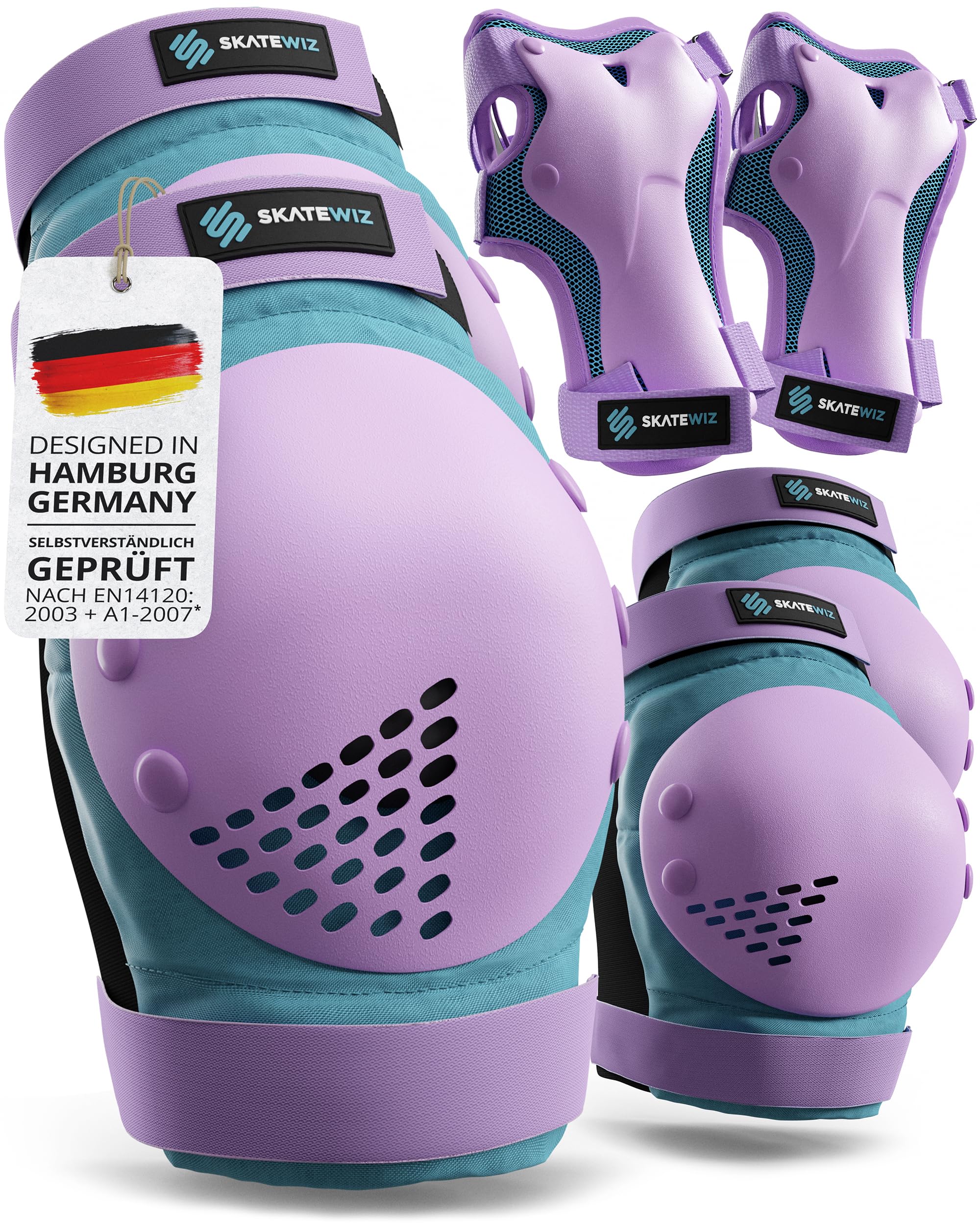 SKATEWIZ Knieschoner Kinder Schoner Inliner Kinder - Inliner Schoner Knieschützer - Protektoren - Knie und Ellenbogenschützer - Smash Größe M/L Blau Violett M/L - Kinder & Jugendliche Blau Violett Angebot bei HelloDeals