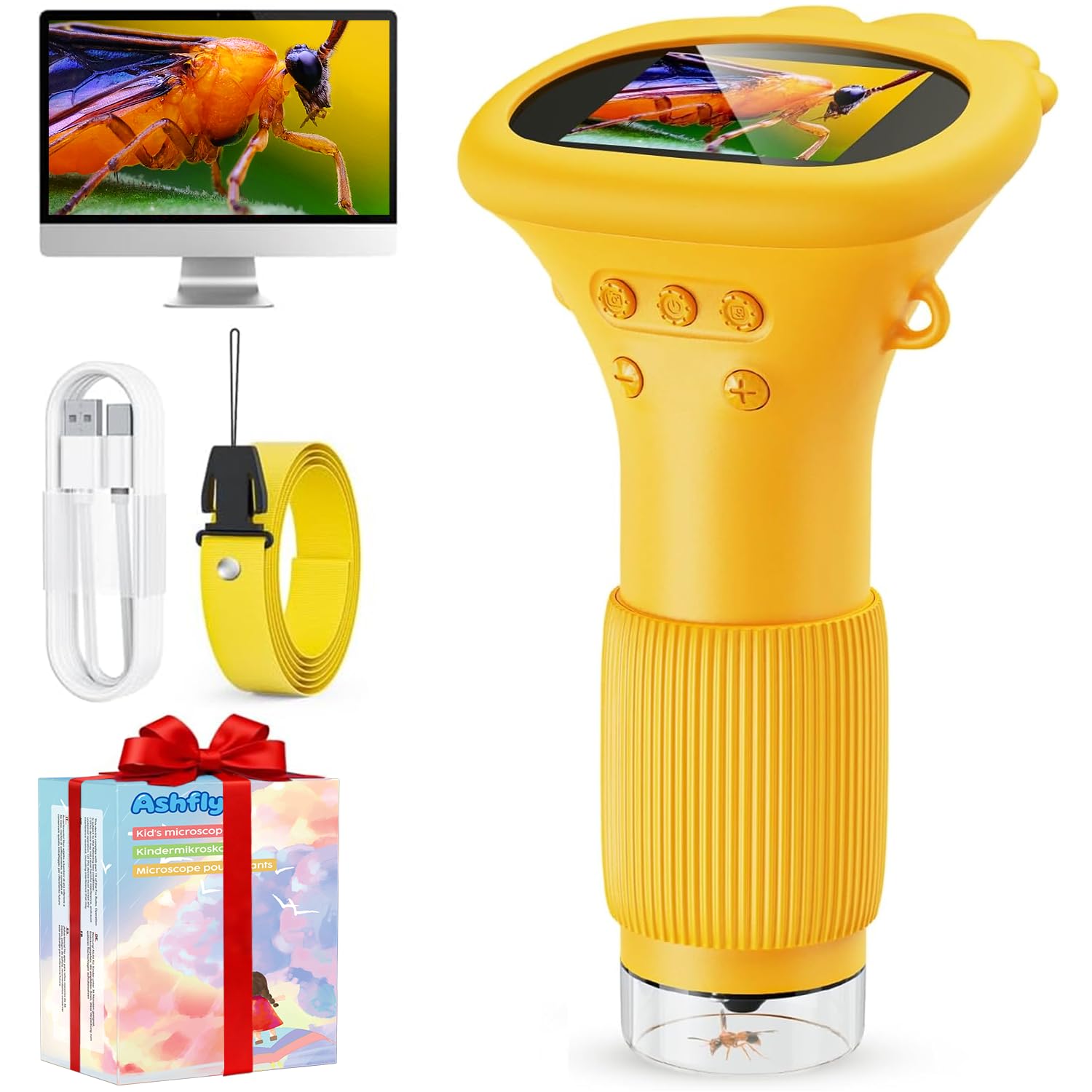 Mikroskop für Kinder, Ashfly 1000X Taschenmikroskop mit 2,0" IPS-Bildschirm USB Microscope Lupe, 8 LED Lights -Anschluss an PC, Mini-Kindermikroskop für Ostern Spielzeug - Orange Yellow Angebot bei HelloDeals