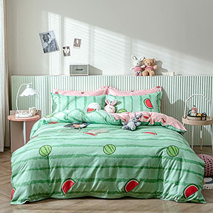 Kinder Wassermelone Bettdecke, Moderne Geometrische Streifen Bettwäsche-Set 135x200 Pink Girly Doppel Bettbezug Für Mädchen Jungen Frauen Schlafzimmer, Atmungsaktive Grüne Bettbezug Mit Eckbändern Multi 4 135*200+80*80*1 Angebot bei HelloDeals
