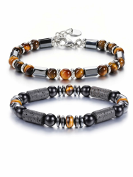 Perlenarmband Herren Set, 2-teilige Perlenarmbänder Tigerauge Obsidian Hämatit Lavasteine Schutzstein Perlen Armbänder Männer Diffusor Stretch-Armband Charms Schmuck für Papa Sohn Bruder Angebot bei HelloDeals