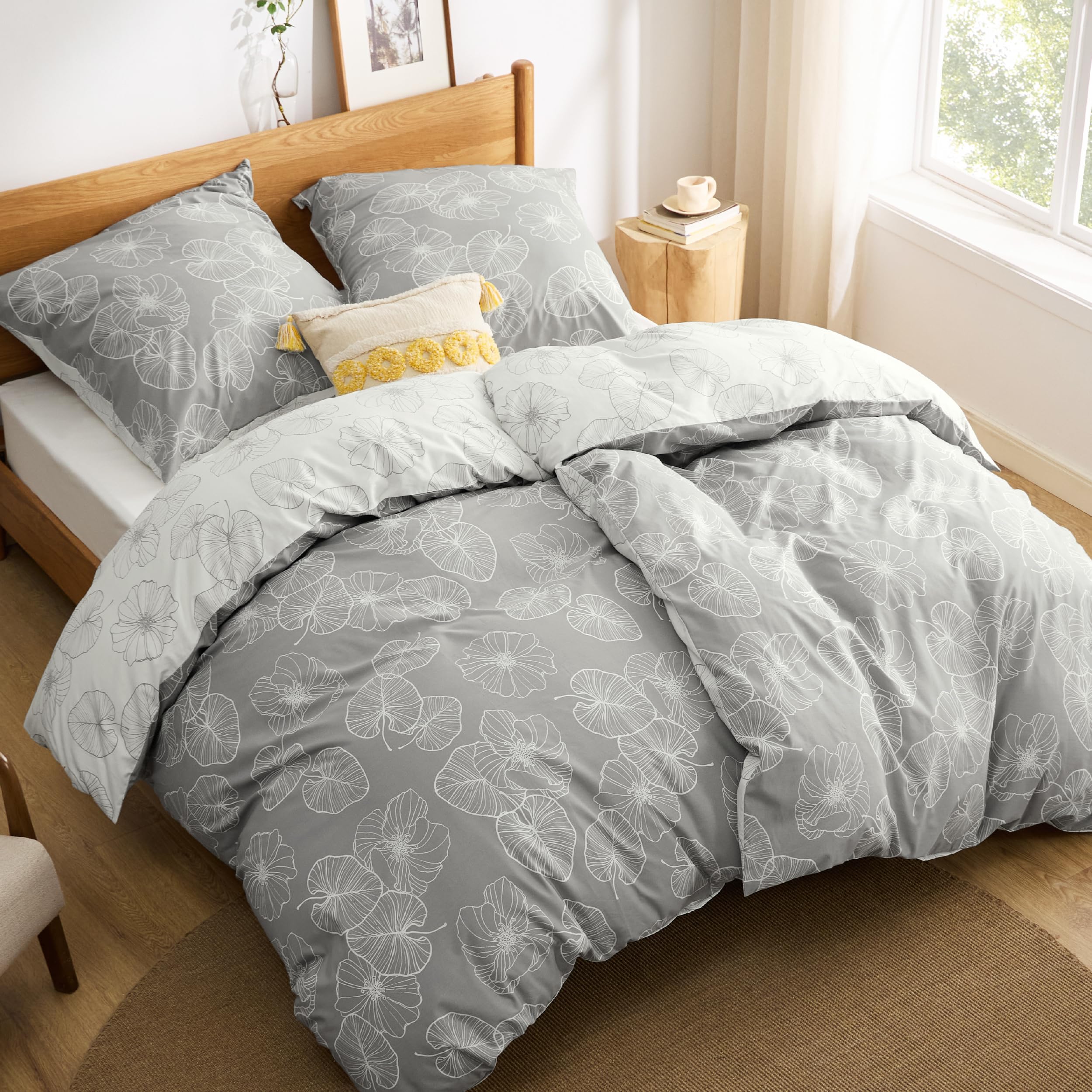 BEDSURE Bettwäsche 135x200 4teilig Baumwolle - Bettwäsche-Sets 2er Set Grau Bettbezug mit 2 Kissenbezüge 80x80 cm, ÖKO-TEX Wendebettwäsche Bedding mit Reißverschluss Ginkgo Muster 135 x 200 cm 4 teilig Grau Ginkgo Angebot bei HelloDeals