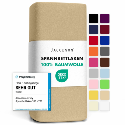 Jacobson Jersey Spannbettlaken Spannbetttuch Baumwolle Bettlaken (120x200-130x200 cm, Beige) 120x200 - 130x200 cm Beige Angebot bei HelloDeals