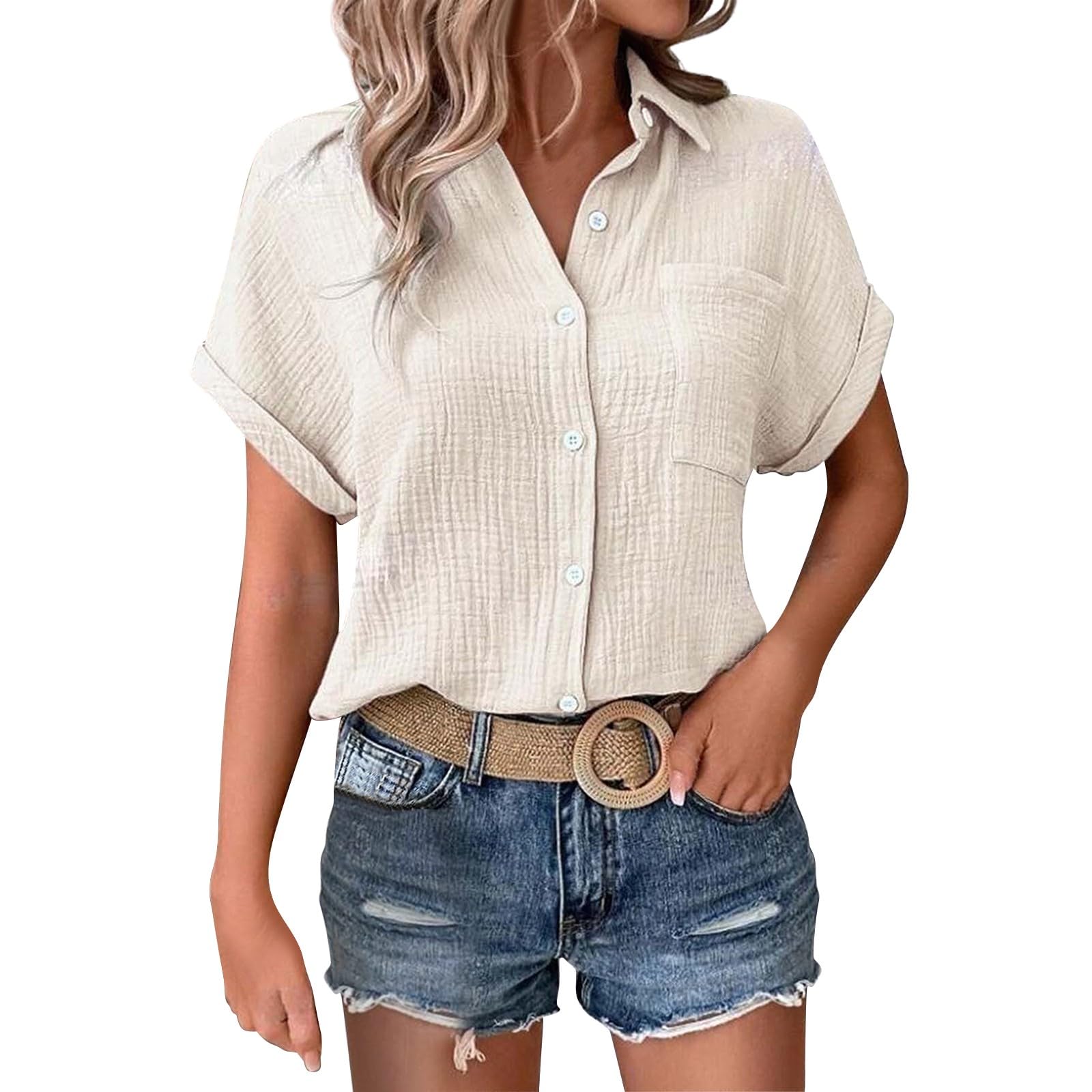 Musselin Bluse Damen,Leinenbluse Damen,Sommer Button-Down Leinenhemd Oberteile Oversized V Ausschnitt Leinenbluse Bluse Große Größen Leinen Kleidung Musselin Hemd Solide Top Beige #2 M Angebot bei HelloDeals