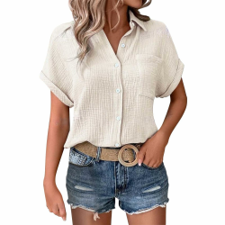 Musselin Bluse Damen,Leinenbluse Damen,Sommer Button-Down Leinenhemd Oberteile Oversized V Ausschnitt Leinenbluse Bluse Große Größen Leinen Kleidung Musselin Hemd Solide Top Beige #2 M Angebot bei HelloDeals