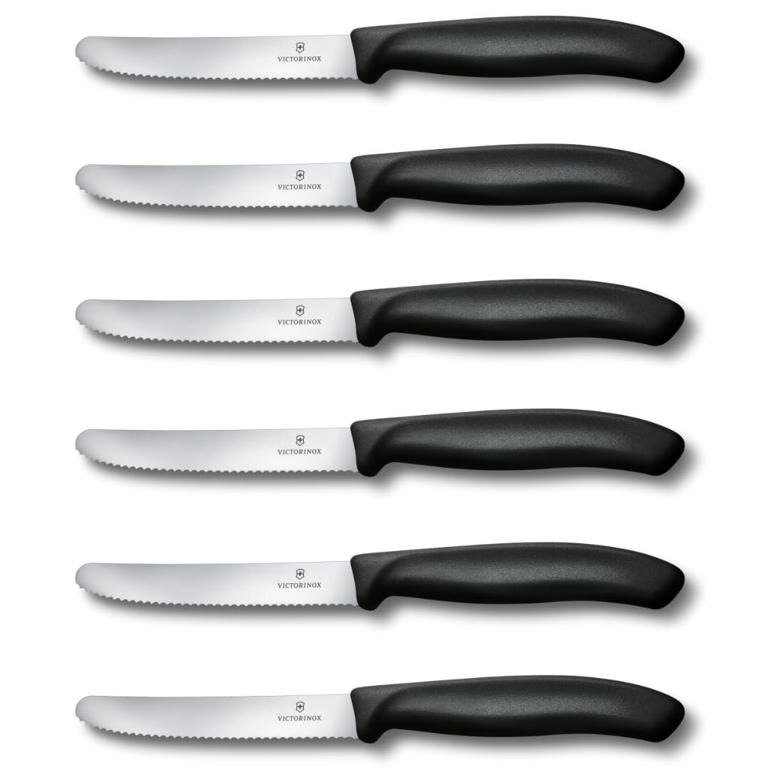 Victorinox Swiss Classic, Frühstücksmesser, Brötchenmesser, Scharfe Klinge, Wellenschliff, 11 cm, Kunststoffgriff, Rostfreier Stahl, Set 6teilig, Schwarz Classic Schwarz 6er Set Angebot bei HelloDeals