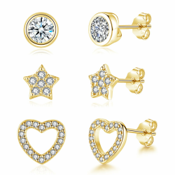 Damen 925 Sterling Silber Ohrstecker Set - 3 Paare Herz Stern Rund Hypoallergene Knorpel Schlafen Zirkonia Ohrringe für Mehrere Ohrlöcher Gold Angebot bei HelloDeals