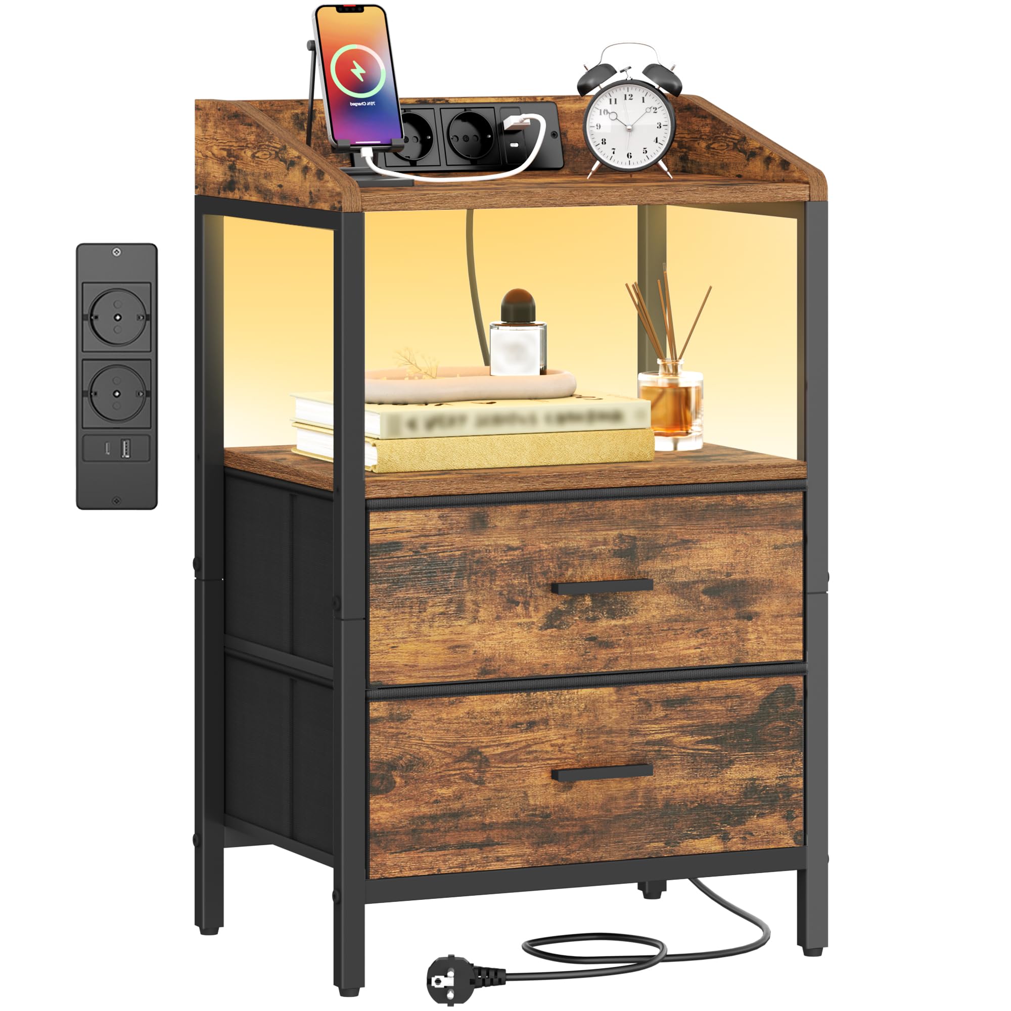 Hzuaneri Nachttisch mit LED-Leuchten und ladefunktion, Beistelltisch mit 2 Stoff-Schubladen mit USB-Anschlüssen & Steckdosen, für Schlafzimmer, Wohnzimmer, Vintage Braun-Schwarz NS36101BEU Vintage Braun-schwarz 1er Set Angebot bei HelloDeals