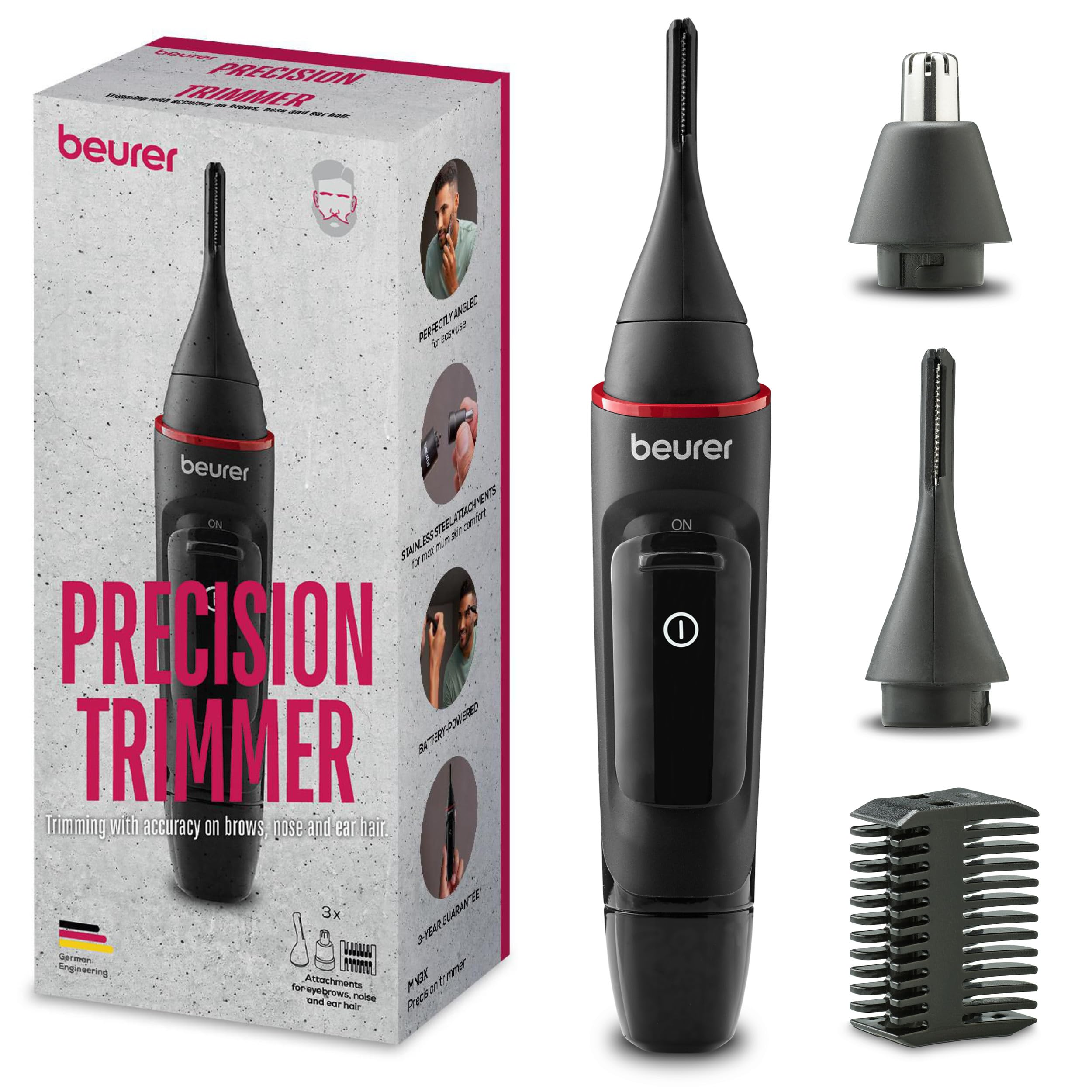 Beurer MN3X Präzisionstrimmer, batteriebetriebene Haarschneidemaschine, 3 hochwertige Aufsätze, Trimmer zum Formen und Trimmen von Nasen-, Ohren- & Augenbrauenhaaren, wasserdicht Angebot bei HelloDeals