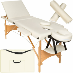 tectake® 3 Zonen Massageliege, belastbar bis 250kg, Mobile Massagebank, Set mit Zubehör, Polsterung, Rollen, Holzgestell, Tragetasche, als Kosmetik Stuhl, Möbel für Studio, höhenverstellbar - beige mit Massagerollen Beige Angebot bei HelloDeals