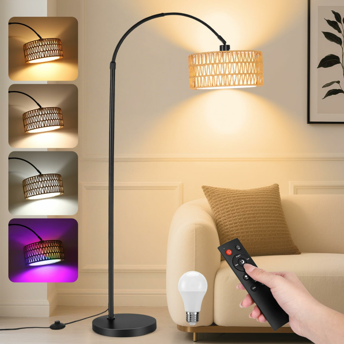 Stehlampe Wohnzimmer - 9W LED Dimmbar Bogenlampe mit Fernbedienung & RGB E27 Lampe, Bogen Stehende Lampe 900 Lumen Stehend Leselampe mit 3 Farbtemperaturen für Schlafzimmer, Büro, Schwarz Angebot bei HelloDeals