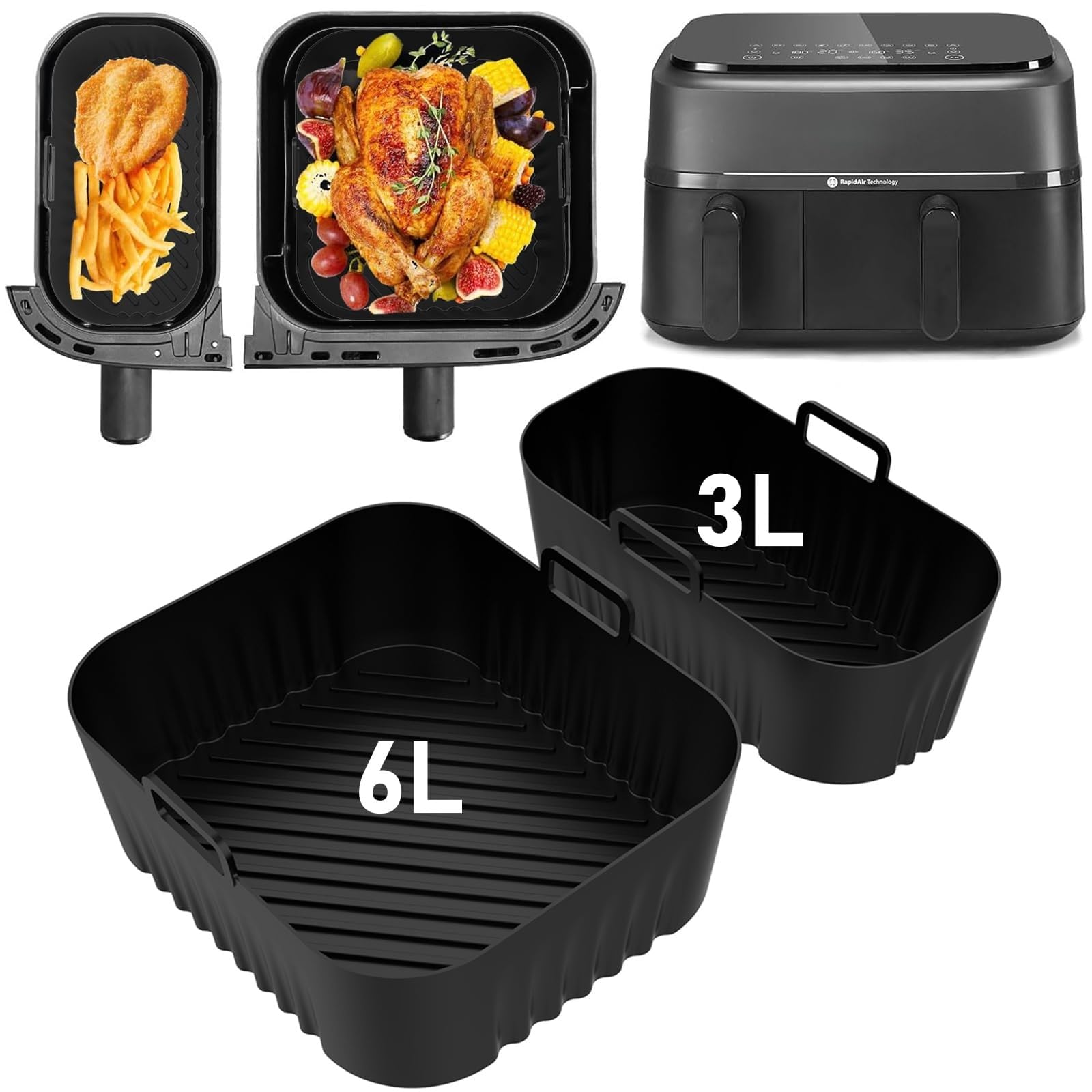 2 Stück Silikonform Heißluftfritteuse Zubehör für Philips Airfryer Dual Basket 3000 Serie (6L/3L), Spülmaschinenfest & Kompatibel mit NA350, Wiederverwendbares Airfryer Zubehör für Frittieren Angebot bei HelloDeals