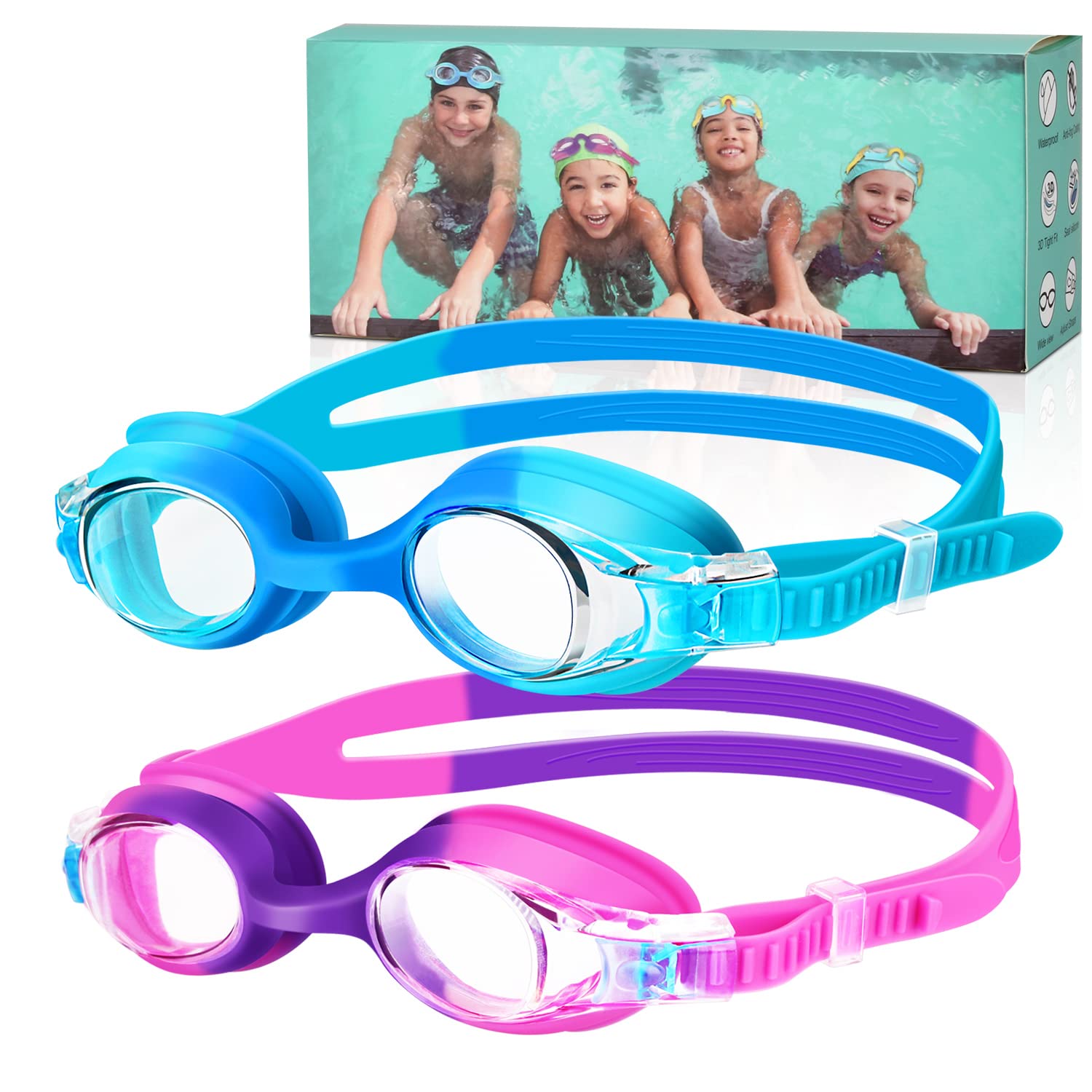 Starweh Taucherbrille Kinder, 2 Stück Schwimmbrille Kinder 3-14 Jahre, Anti-Beschlag Wasserdichte Kinder Schwimmbrille, Weiche Silikon-Schwimmbrille mit Tragbarer Tasche für Mädchen Junge Angebot bei HelloDeals