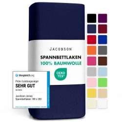 Jacobson Jersey Spannbettlaken Spannbetttuch Baumwolle Bettlaken (140x200-160x200 cm, Dunkelblau) 140x200 - 160x200 cm Dunkelblau Angebot bei HelloDeals