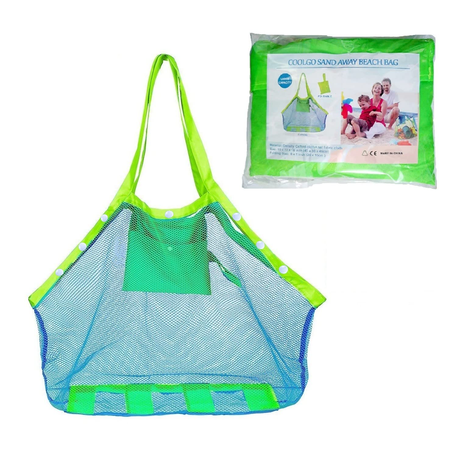 COOLGOEU Strandtasche Strandspielzeug Tasche XXL Groß für Sandspielzeug Wasserspielzeug für Kinder Aufräumsack Spielsack Badetasche Beachbag Faltbar für Familie Urlaub (Blau Mesh/Grün Strap) Blau Mesh / Grün Strap Angebot bei HelloDeals