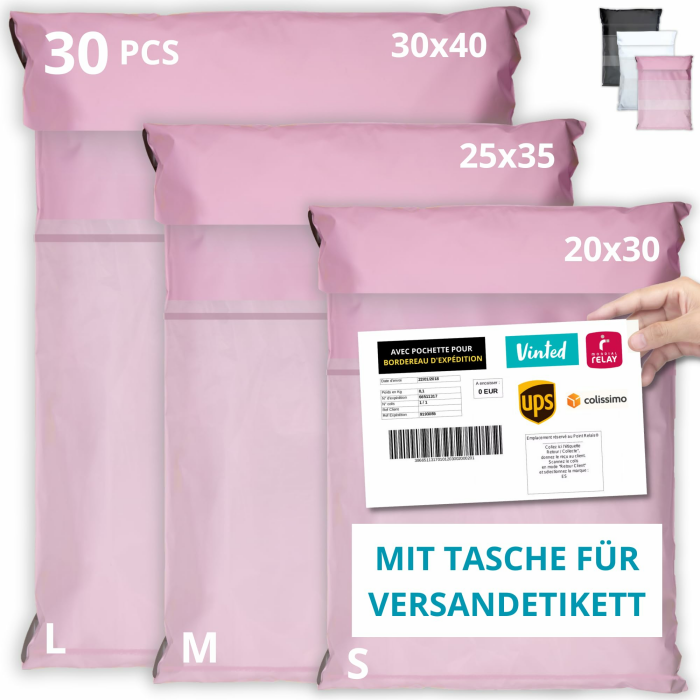30 Versandtaschen MIT TASCHE FÜR VERSANDETIKETT - 3 Größen S/M/L - WIDERSTANDSFÄHIG/WASSERDICHT - Versandtüten für Kleidung - Warensendung Umschlag für Kartons - Versandbeutel - Danke Rosa Größe S/M/L Angebot bei HelloDeals
