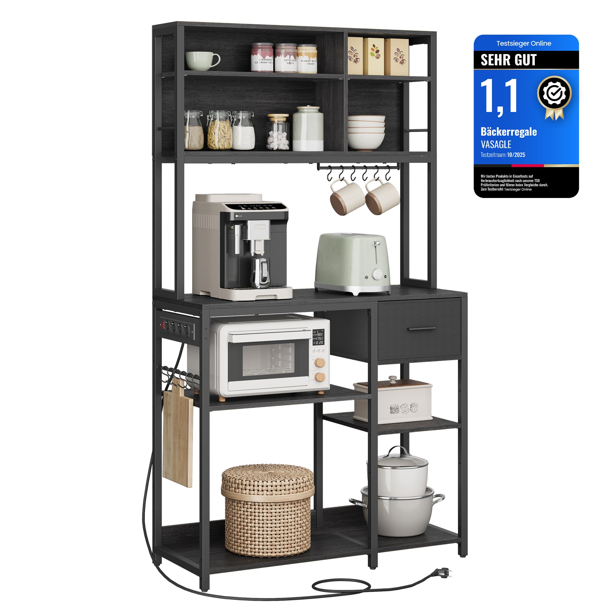 VASAGLE Küchenregal mit Steckdosen, Standregal, 40 x 100 x 180,4 cm, Backregal, verstellbare Ablagen, Stoffschublade, 12 Haken, Küche, anthrazitgrau-tintenschwarz KKS027B02 40T x 100B cm Anthrazitgrau + Tintenschwarz Angebot bei HelloDeals