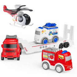 GizmoVine Autotransporter Spielzeug, LKW, Abschleppwagen mit 1 Krankenwagen 1 Feuerwehrauto 1 Hubschrauber, Reibungskraft Auto, DREI Warntöne, Geschenke für Kinder von 2 3 4 5 6 Jahren Angebot bei HelloDeals
