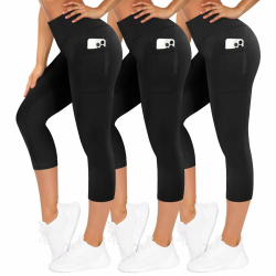 TNNZEET 3er Pack Leggings Damen 3/4 mit Taschen Capri für Sport, High Waist 7/8 Caprihose Sporthose für Gym A-schwarz/Schwarz/Schwarz L-XL Angebot bei HelloDeals