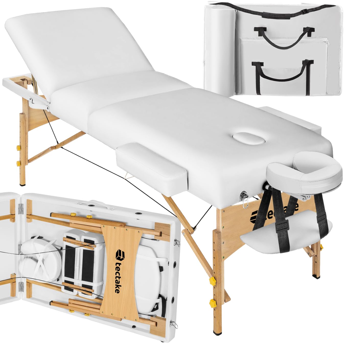 tectake® Mobile Massageliege klappbar, mit 3 Zonen, Massagetisch mit 7,5cm Polsterung, höhenverstellbar, Kopf- und Armstütze, Massagebank mit Holzfüßen, Tragetasche - weiß 218 x 108 x 65-90 cm - Sin rodillos Weiß Angebot bei HelloDeals
