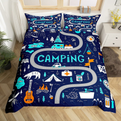 Homemissing Kinder Camper Bettbezug Set Süß Glücklich Camping Bettwäsche Set 135x200cm für Jungen Mädchen Bauernhaus Rustikale Wilde Abenteuer Dekor Bettwäsche Blaue Natur Wildtiere Bettbezug Mehrfarbig 82 135*200+80*80*1 Angebot bei HelloDeals