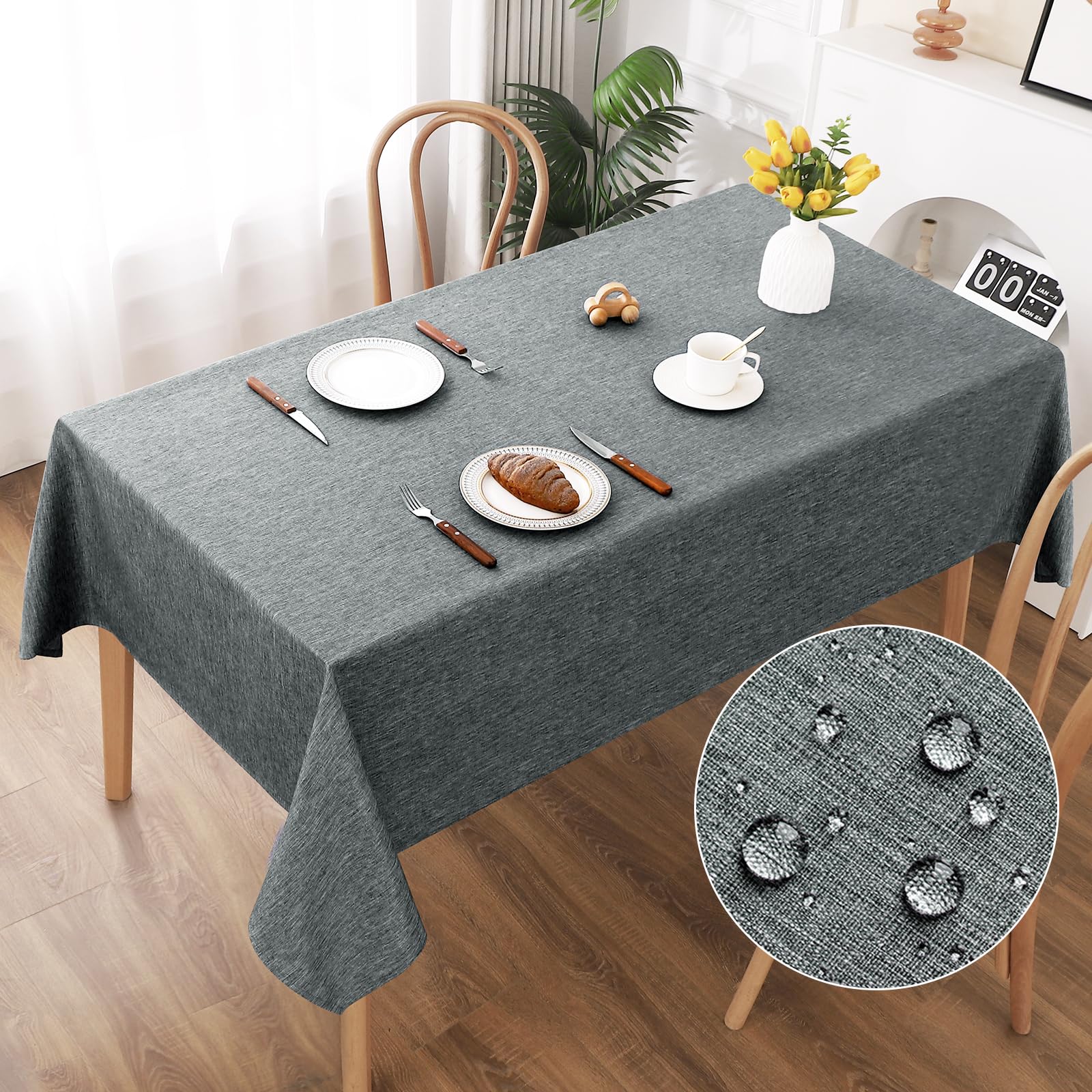 AooHome Tischdecke 140X220cm, Grau Leinen-Optik Tischdecken Abwaschbar Tischtuch aus Polyester Wasserabweisend mit Lotuseffekt, Dauerhaft Kratzfest für Wohnzimmer, Esszimmer, Balkon, Garten Grau 220 x 140 cm (Rechteckig) Angebot bei HelloDeals