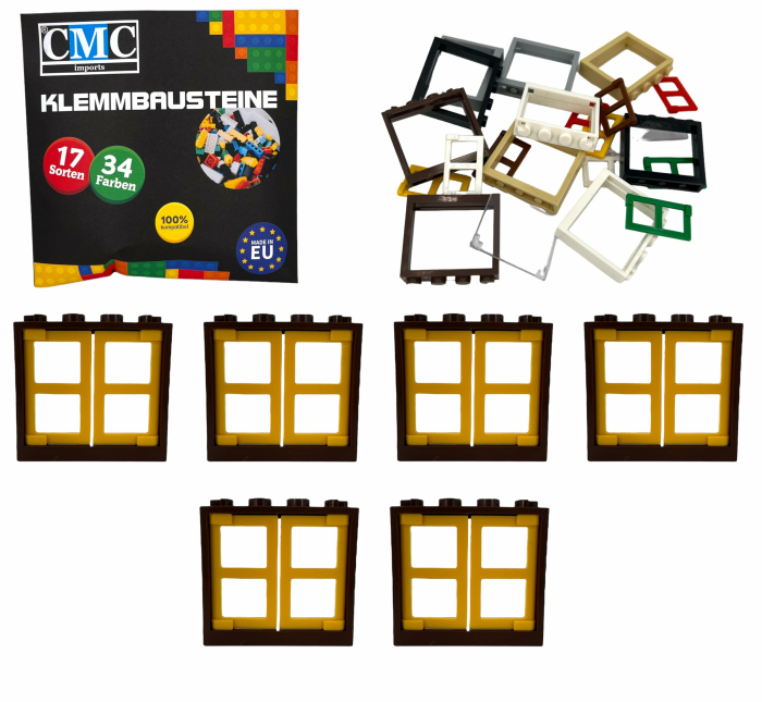 Klemmbausteine 6 Fenster + Fensterrahmen 1x4x3 Noppen City Gebäude Stadt 60594 (Dunkelbraun - Gelb) Angebot bei HelloDeals