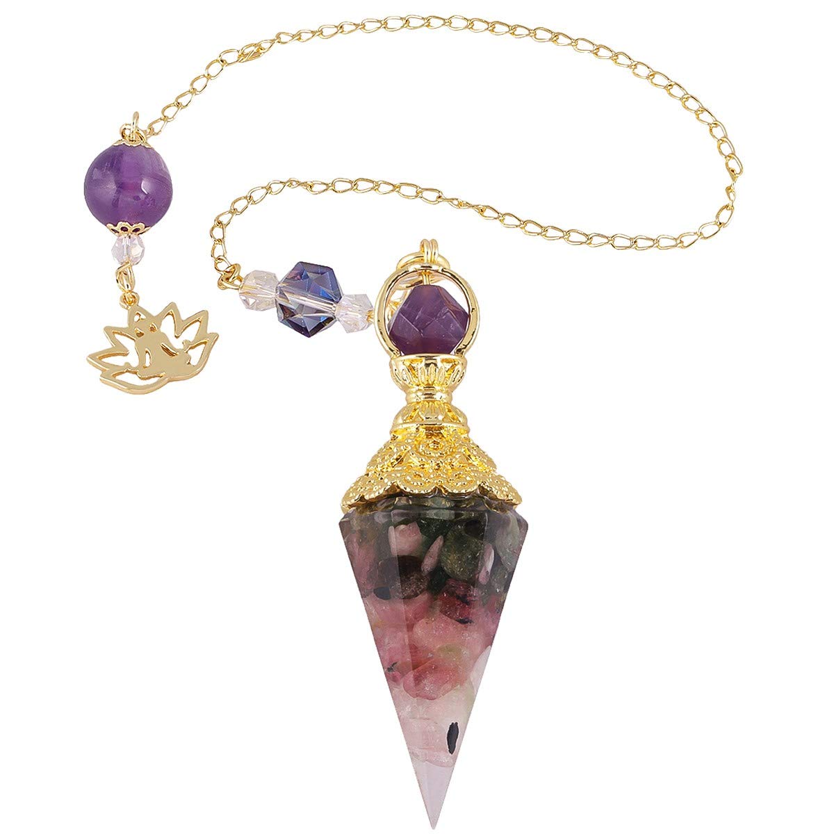 Turmalin Sechseckiger Kristall Pendel mit Trommelsteine, Hexagonal Edelstein Anhänger Reiki Chakra-Pendel Lotus Perlen Kette für Meditation Wahrsagen Hypnose Mehrfarbig(turmalin) Angebot bei HelloDeals