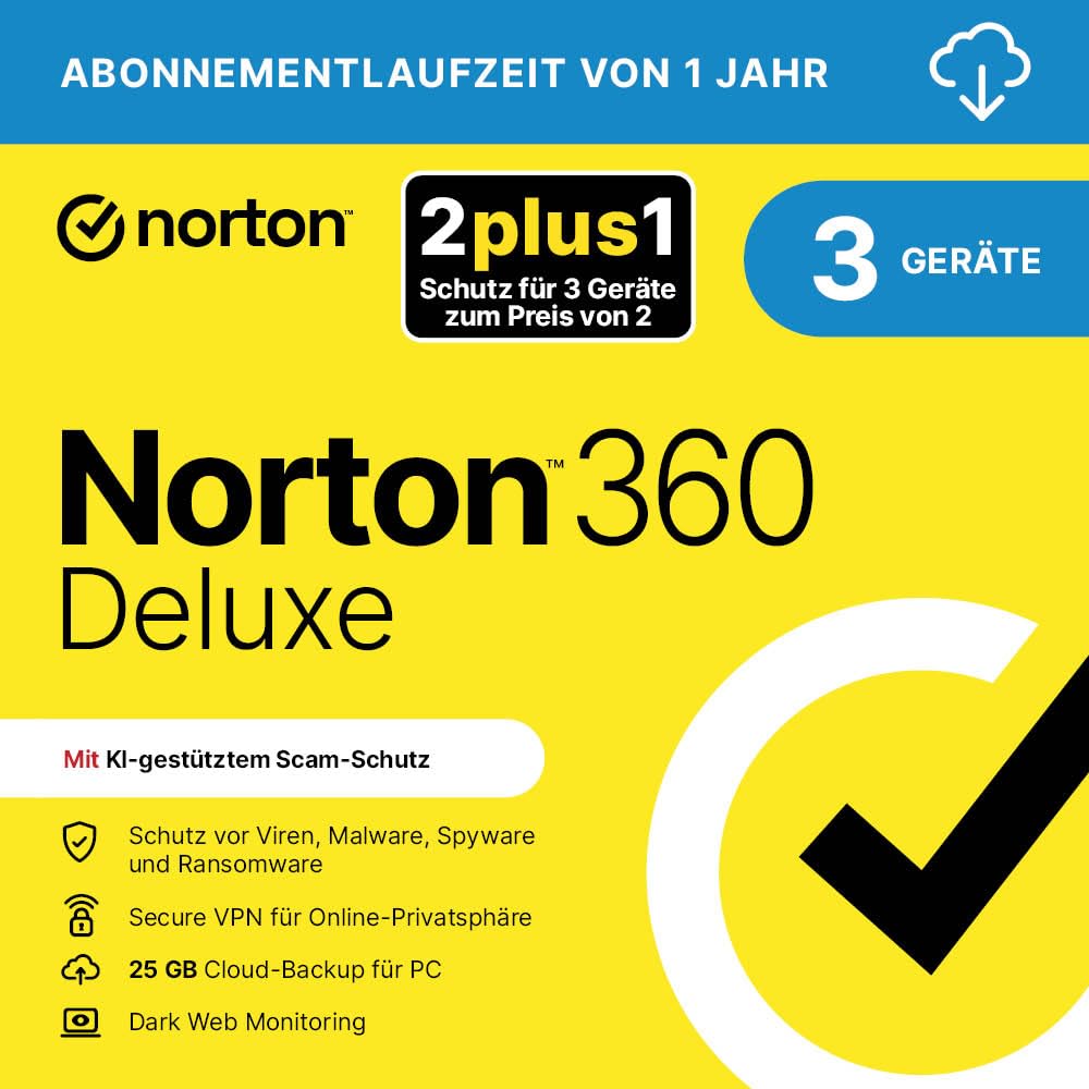 Norton 360 Deluxe 2026 2plus1 | 3 Geräte| 1 Jahr | Aktivierungscode per Email per Email (Aktivierungscode) 2+1 Geräte 1 Jahr Angebot bei HelloDeals