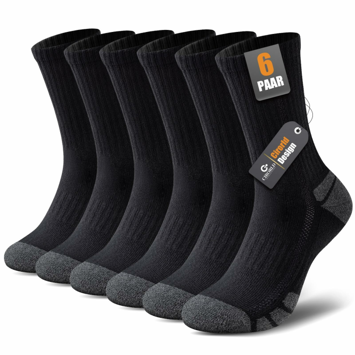 Socken Herren Damen, 6 Paar Baumwolle Tennissocken, Warm Arbeitssocken mit Gepolstert, Atmungsaktiv Weich Wandersocken Trekkingsocken, Lange Rutschfest Sportsocken 35-38 39-42 43-46 47-50 Schwarz 43-46 Angebot bei HelloDeals