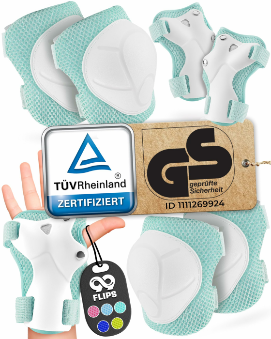 99FLIPS Schoner Inliner Kinder 3-12 Jahre - TÜV Rheinland GS Zertifizierung - Flash Skateboard-Schutzausrüstung für Skateboard, Inliner und BMX S/M - 7-12 Jahre MINT Angebot bei HelloDeals