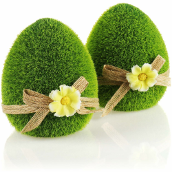 com-four® 2X Dekofigur - Osterei mit Schleife und Blumen - grüne Deko-Figuren für Frühling und Ostern - Keramik-Eier mit Kunst-Gras überzogen - Osterdeko (2 x Ei - 11cm) Grün, Weiß, Beige, Gelb Angebot bei HelloDeals