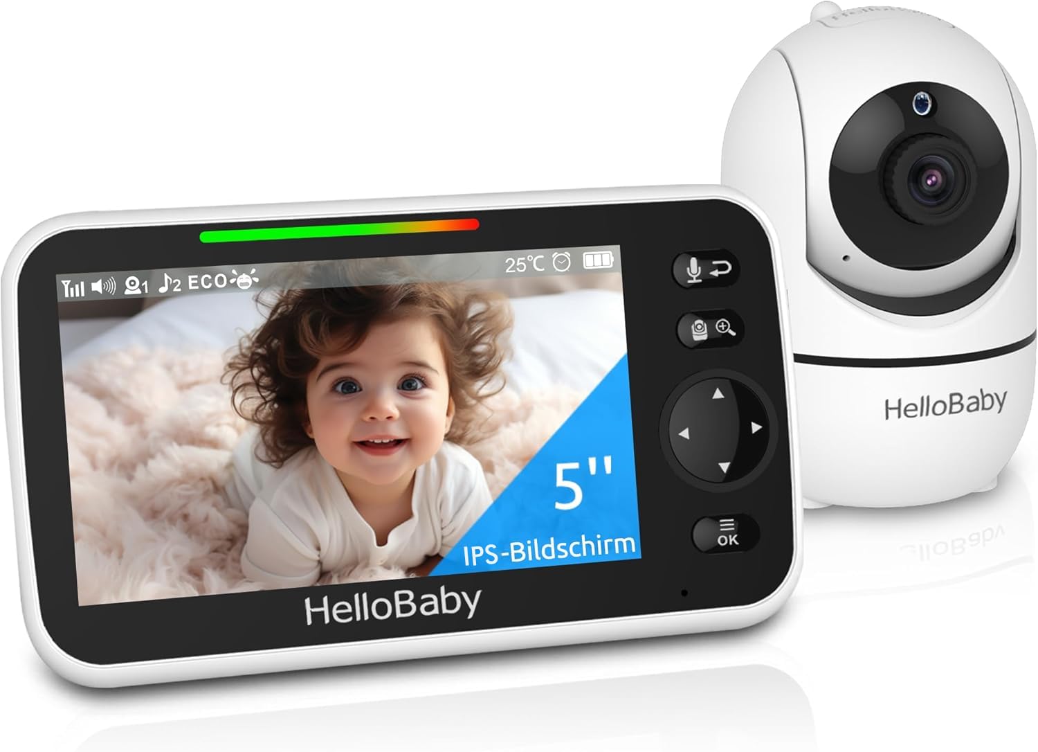 HelloBaby Babyphone mit Kamera, 3500 mAh 5 Zoll Bildschirm, Kabelgebundene Kamera, 355° Schwenken-120° Neige-Zoomen, Babyfone ohne WLAN, 2 Wege Audio, Temperatur, 8 Schlaflieder, Nachtsicht, HB6550 Angebot bei HelloDeals