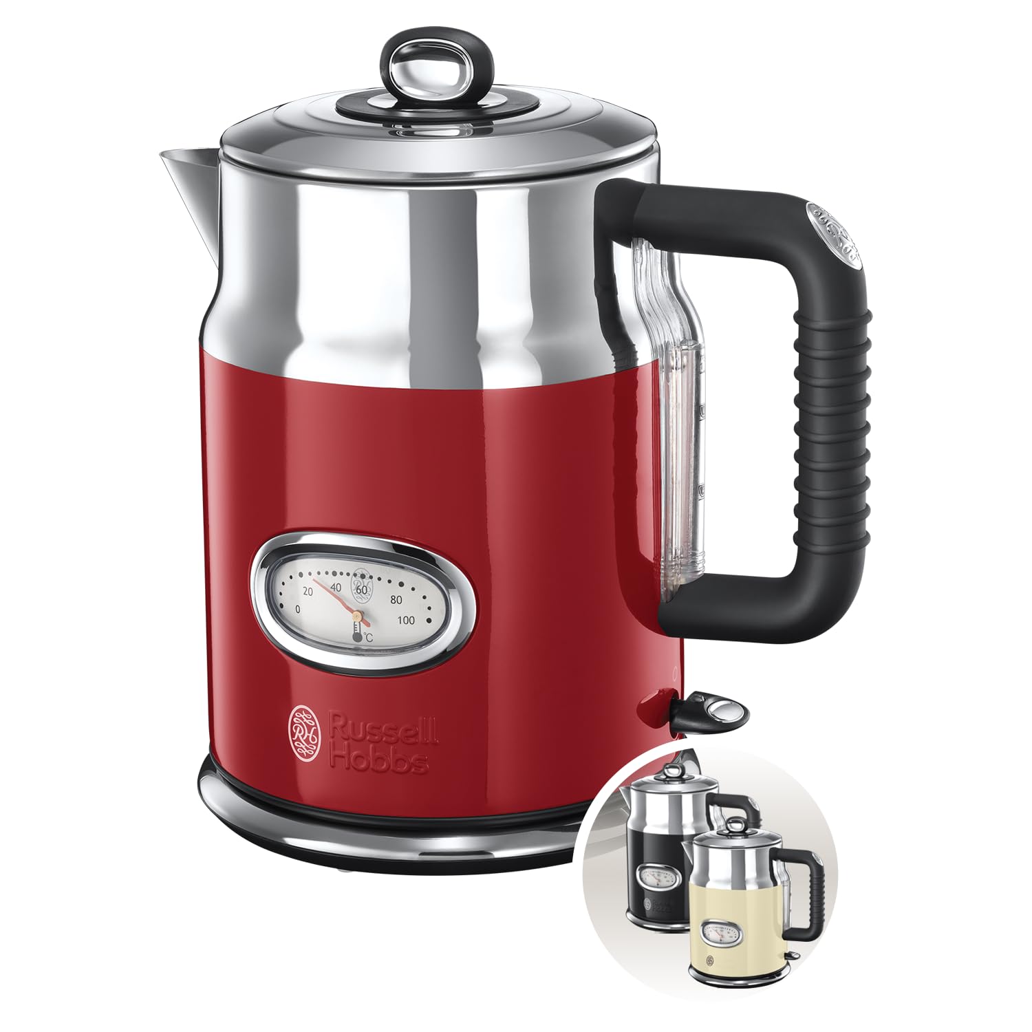 Russell Hobbs Wasserkocher [1,7l, 2400W] Retro Rot und polierter Edelstahl (Schnellkochfunktion, Wassertemperaturanzeige im Retrodesign, außenliegende Wasserstandsanzeige) Vintage Teekocher 21670-70 Angebot bei HelloDeals