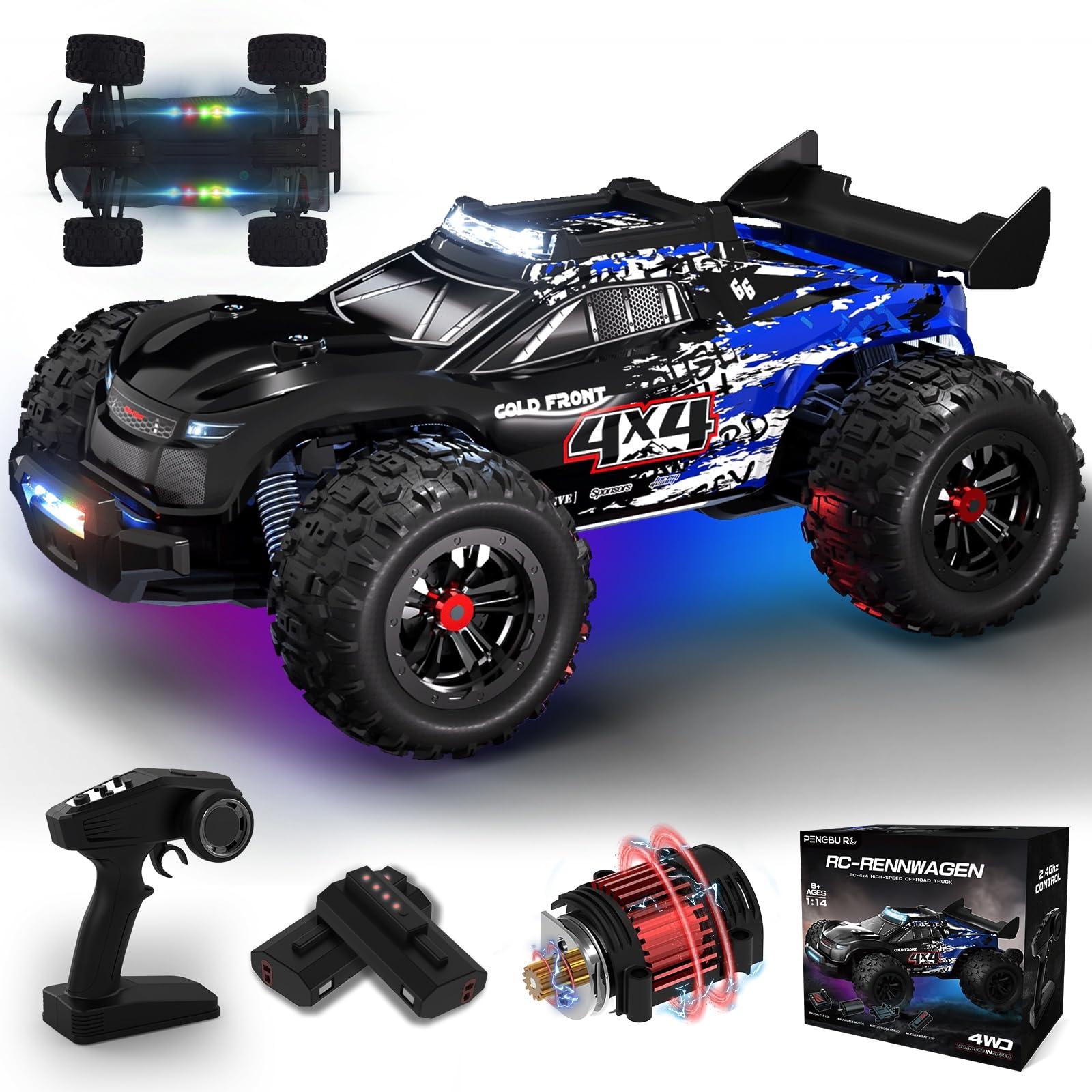 Ferngesteuertes Auto 40KM/H, 1/14 RC Auto mit 7 Farben Lichtern, 2.4GHz Monstertruck Ferngesteuert mit 2x 2000mAh Akku, 4WD Ferngesteuerter Monstertruck RTR All Terrain, RC Truck für Kinder Erwachsene Angebot bei HelloDeals